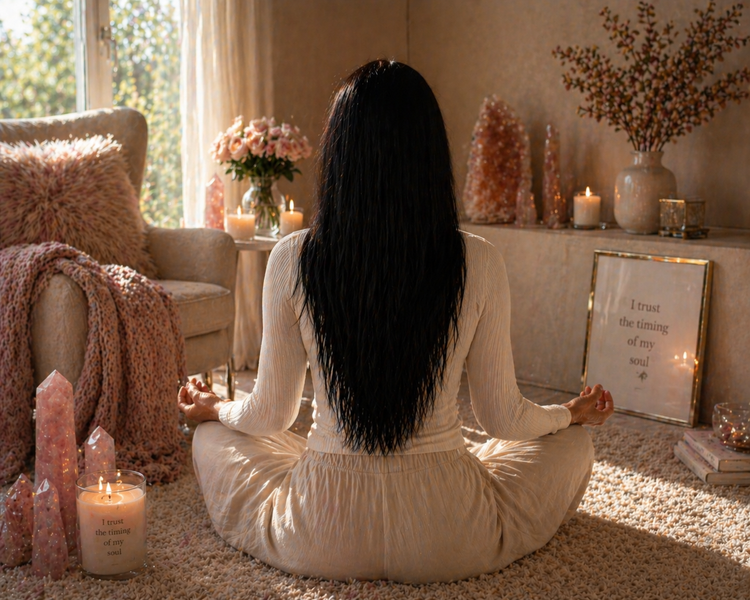Trina Posata meditating with candles and crystals, I trust the timing of my soul